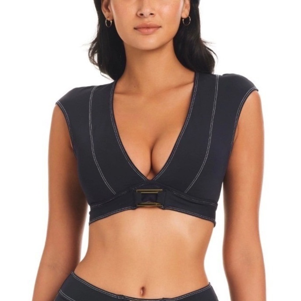 Bleu Rod Beattie Black V-Neck Buckle Cap Sleeve Bikini Top Contrast Stitch 14